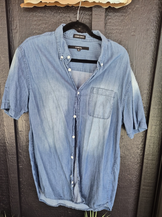 Carbon Tops - Light Blue Denim Short-Sleeve Button-Up Shirt-100 Cotton